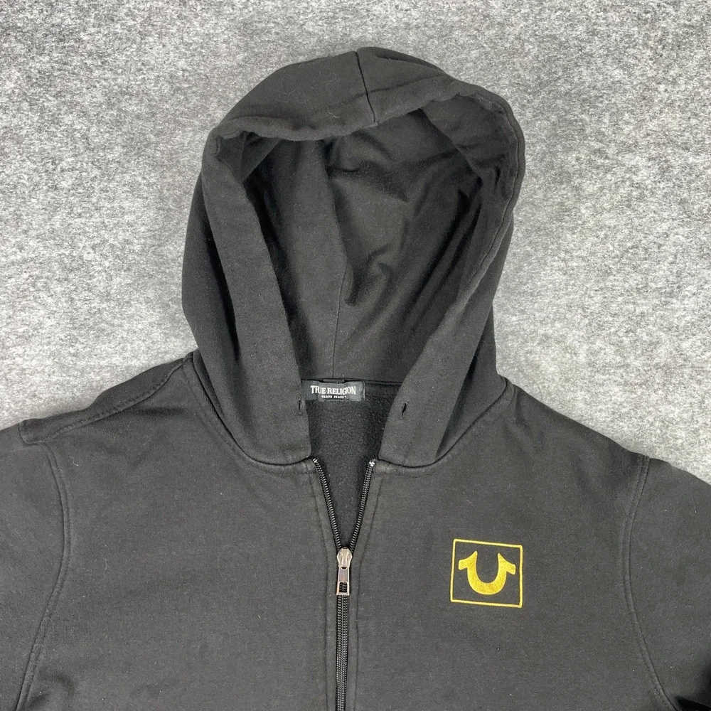 True Religion Zip Hoodie Mens S Black True Block Gold Horseshoe Sleeve Print
